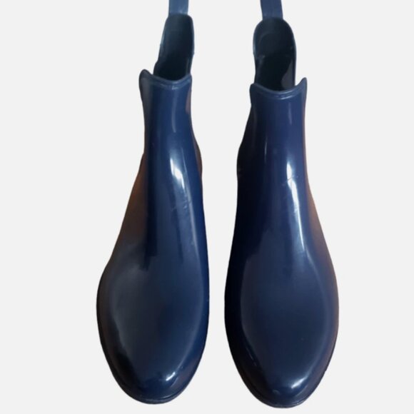 J. Crew Women's Chelsea Rain Boots Blue Rubber Pull On Ankle Top - Picture 2 of 11